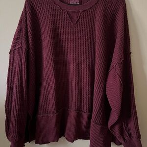 American Eagle Outfitters Waffle-Knit Crewneck Sweater - Wine